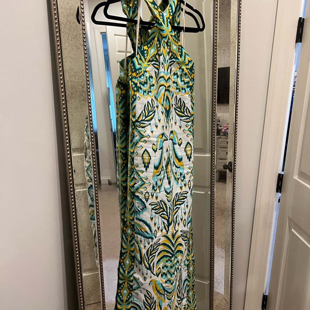 FARM Rio Tropical Green and Yellow Linen Halter Maxi Dress